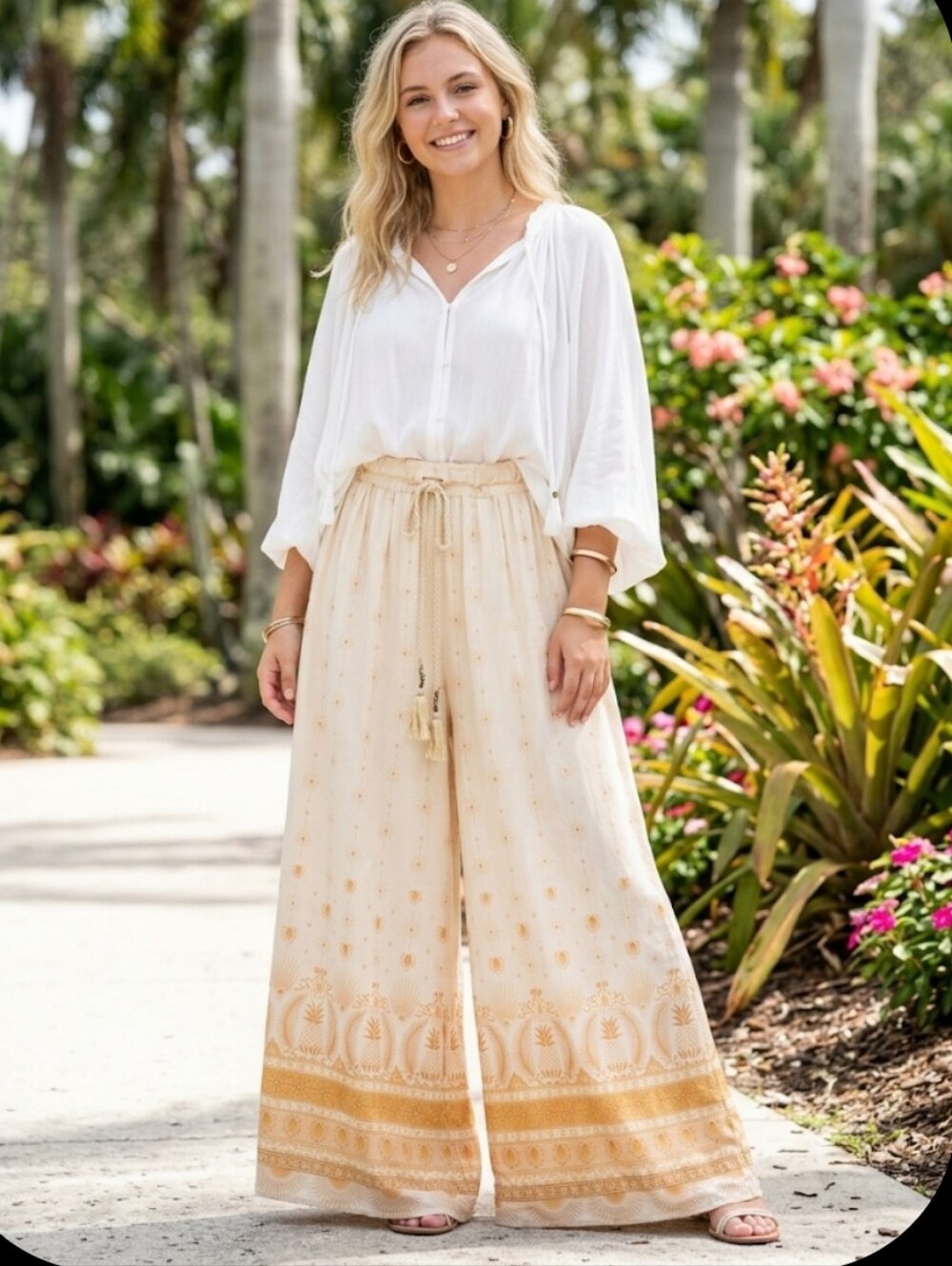 FARM Rio Pineapple Celestial Border Print Wide-Leg Palazzo Pants Viscose Size La